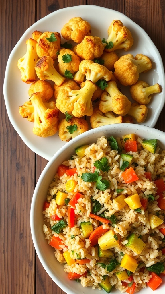 Roasted cauliflower florets and cauliflower fried rice with vegetables on a rustic table.